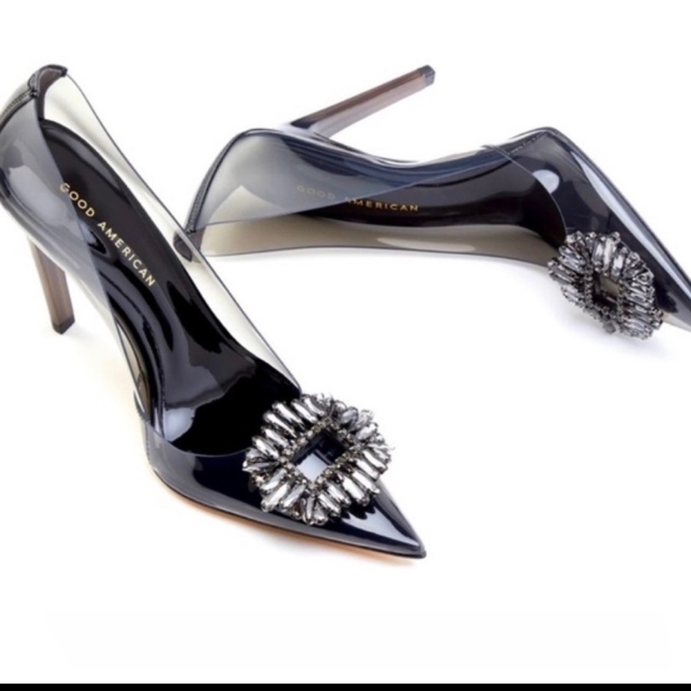 Good American Black Patent Leather Heels with Rhinestone Accent